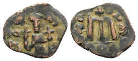 Constans II (641-668). Æ 40 Nummi (22.5mm, 3.09g, 6h). Constantinople. Constans standing facing, wearing crown and chlamys, and holding long cross and...