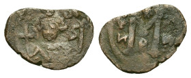 Constans II (641-688). Æ 40 Nummi (23,5mm, 3.3g). Constantinople, Uncertain year. Crowned facing bust. R/ Large M; cross above, date across field. Sea...