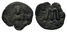 Constans II (641-668). Æ 40 Nummi (25mm, 6.14g, 6h). Constantinople. Constans wearing crown and chlamys, standing facing holding cross and cross on gl...