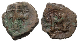 Constans II (641-668). Æ 40 Nummi (19.5mm, 3.71g, 6h). Constantinople. Constans standing facing, holding long cross and globus cruciger. R/ Large M; s...