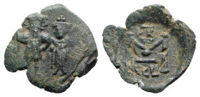 Constans II (641-668). Æ 40 Nummi (25mm, 4.22g, 6h). Syracuse, 654-659. Constans, holding long cross, and Constantine, holding globus cruciger, standi...