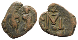 Constans II with Constantine IV (641-668). Æ Follis (25mm, 5.35g, 1h). Constantinople. Constans, holding long cross, and Constantine IV, holding globu...