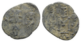 Constans II (641-668). Æ 40 Nummi (23mm, 3.00g, 6h). Syracuse, 659-668. Constans, holding long cross with r. hand, and Constantine IV, both crowned, s...