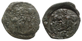 Constans II (641-668). Æ 40 Nummi (26mm, 4.46g, 6h). Syracuse, 659-668. Constans, holding long cross with r. hand, and Constantine IV, both crowned, s...