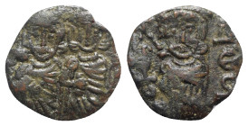 Constantine V with Leo IV (741-775). Æ 40 Nummi (18mm, 2.00g, 6h). Syracuse, 751-775. Crowned facing busts of Constantine and Leo IV, each wearing chl...