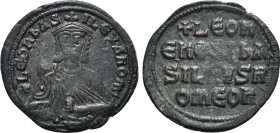 Leo VI (886-912). Æ 40 Nummi (27mm, 6.35g, 6h). Constantinople. Facing bust, wearing crown and chlamys, holding akakia. R/ Legend in four lines across...