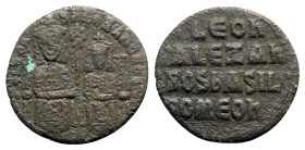 Leo VI and Alexander (886-912). Æ 40 Nummi (24mm, 6.41g, 6h). Constantinople, 886-912. Leo VI and Alexander, each crowned and wearing loros, seated fa...
