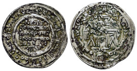 Umayyads of Spain, Hisham II (366-399 AH/ AD 976-1009) AR Dirham.(24mm, 2.7g). Al-Andalus, 396 AH. Citing `Abd-Al-Malik on obv, Al-Hayib & `Abd-Al-Mal...