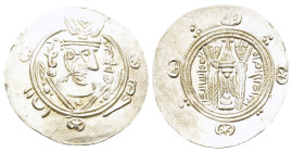 Abbasid Governors of Tabaristan, Anonymous "AFZUT" type. 782-800. AR 1/2 drachm (23,3mm, 1.8g). Crowned Sasanian-style bust right / Fire altar flanked...