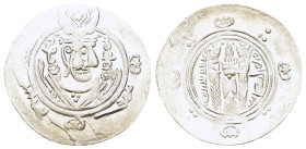 Abbasid Governors of Tabaristan, Anonymous "AFZUT" type. 782-800. AR 1/2 drachm (23,6mm, 2g). Crowned Sasanian-style bust right / Fire altar flanked b...