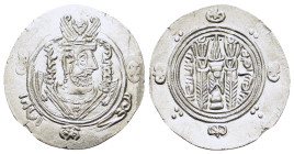 Abbasid Governors of Tabaristan, Anonymous "AFZUT" type. 782-800. AR 1/2 drachm (22,8mm, 1.86g). Crowned Sasanian-style bust right / Fire altar flanke...