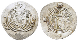 Abbasid Governors of Tabaristan, Anonymous "AFZUT" type. 782-800. AR 1/2 drachm (22,4mm, 2.15g). Crowned Sasanian-style bust right / Fire altar flanke...
