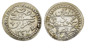 Ottoman Empire. Algeria. Mahmud II (AH 1223-1255/AD 1808-1839), AR 1/4 Budju. (21,8mm, 2.45g) Jaza'ir, AH 1237. KM 67. XF (Tiny hole repaired).