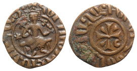 Cilician Armenia, Hetoum I (1226-1270). Æ Kardez (23mm, 5.54g). Sis mint. Hetoum seated facing on bench, holding lis-tipped sceptre and globus crucige...