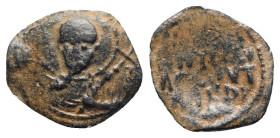 Crusaders, Antioch. Tancred (Regent, 1101-03, 1104-12). Æ Follis (21mm, 2.81g, 12h). Nimbate facing bust of St. Peter, holding cruciform sceptre. R/ L...