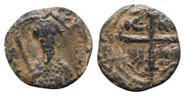 Crusaders, Antioch. Tancred (Regent, 1101-03, 1104-12). Æ Follis (19mm, 2.01g, 6h). Bust of Tancred facing, wearing turban and holding sword. R/ Cross...