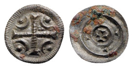 Hungary, Bela II (1131 - 1141). AR Denar (12mm, 0.32g). Cross; crescent and pellet in each crescent. R/ Cross within concentric circles. Huszar 99. Go...