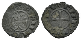 Italy, Sicily, Messina. Federico II (1197-1250). BI Denaro 1244 (16mm, 0.70g, 6h). Crowned eagle facing, head r. R/ Cross. Spahr 130; MIR 98. VF
