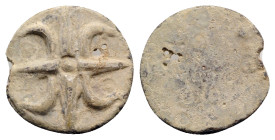 Medieval PB Seal, c. 11th-13th century (23mm, 5.74g). Cross with crescents in quarters. R/ Blank. Small holes, otherwise Good VF