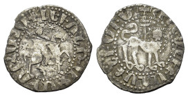 Armenia. Levon II (1270-1289). AR Tram (21mm, 2.3g). King on horseback right, holding lis-tipped sceptre; three stars around. R/ Lion advancing right,...