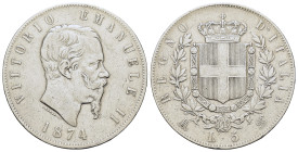 Italy, Vittorio Emanuele II AR 5 lire. 1874 (36,4mm, 24.95g). Milano. M/BN. Km-8.3.