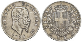 Italy, Vittorio Emanuele II AR 5 lire. 1875 (37,4mm, 24.9g). Milano. M/BN. Km-8.3.