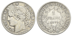 France. 1 Franc 1871 (23mm, 4.85g, 6h). Paris. KM 822. Near VF