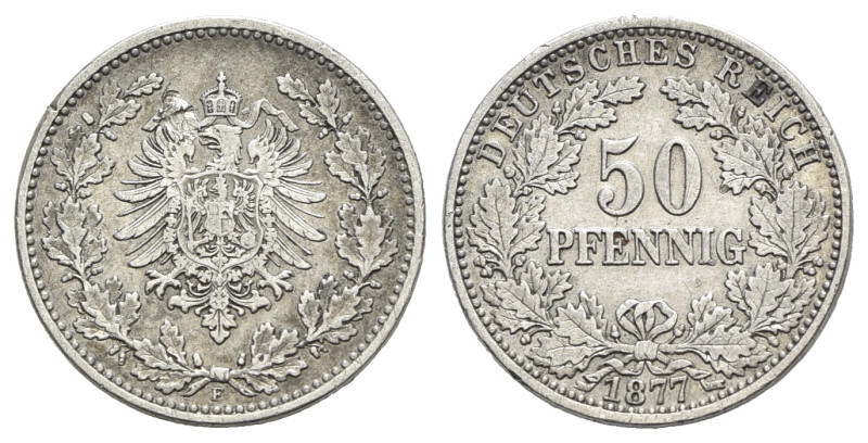 Germany. AR 50 Pfennig 1877 (20mm, 2.69g, 6h). Stuttgart. KM 8. VF