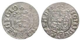 Poland. Sigismund III (1587-1632). AR 3 Polker 1621 (19mm, 1.08g, 9h). Crowned arms. R/ Globus cruciger. KM 41. Near VF