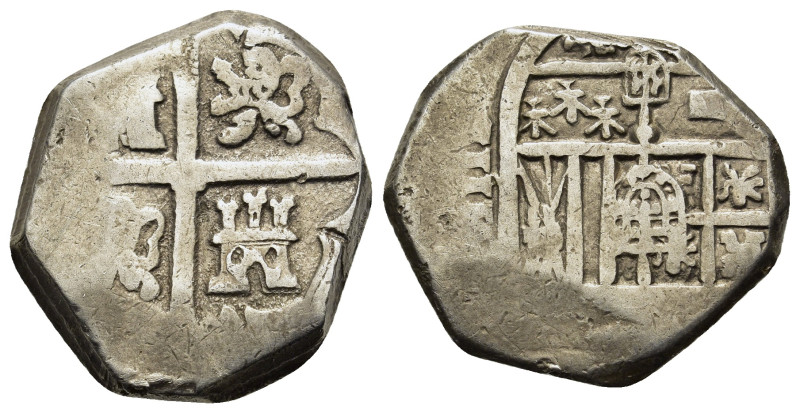 Potosi, Bolivia, cob 8 reales, Philip II, assayer B (3rd period). (24,2mm, 12.34...