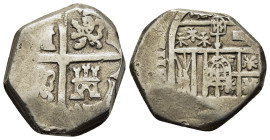 Potosi, Bolivia, cob 8 reales, Philip II, assayer B (3rd period). (24,2mm, 12.34g). S-P10; KM-5.1; CT-158.