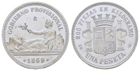 Spain, Provisional Government AR Medal. 1 Peseta 1869 (*18-69). PROOF. AR (32,8mm, 13.6g)