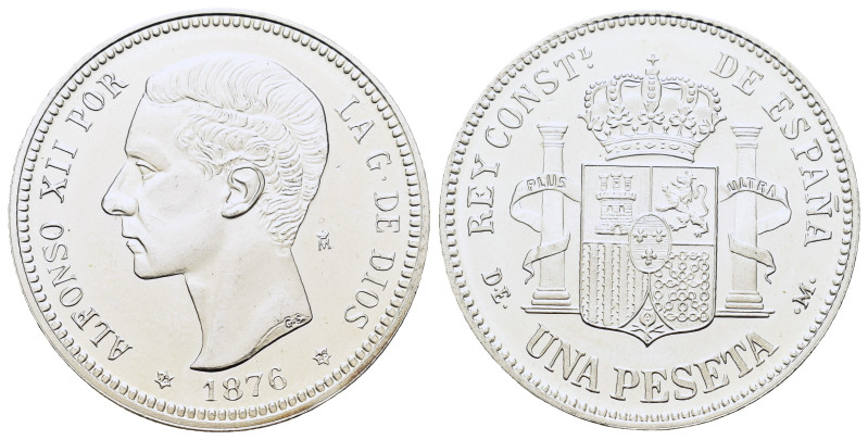 Spain, Alfonso XII AR medal 1 Peseta 1876 (* 18-76). PROOF. AR 0.925 (32,7mm, 13...
