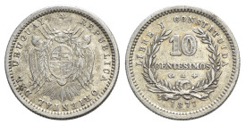 Uruguay. 10 Centesimos 1877 (18mm, 2.48g, 6h). KM 14. VF