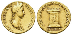 Plotina (112-115). Gilt Replica of AR Denarius (18,4mm, 6.74g). Rome. Draped bust of Plotina right, with double stephane. R/Altar adorned with figure ...
