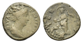 Diva Faustina (AD 141) (17mm, 3g) Rome. DIVA FAVSTINA. Draped bust r. R/ AETERNITAS. Aeternitas standing l., holding globe and raising above head star...