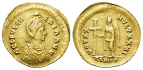 Aelia Pulcheria, sister of Theodosius II (423-429). Replica of Solidus. Constantinople. Pearl-diademed and draped bust right, wearing necklace and ear...