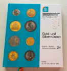 SBV Auktion 24 Gold- und Sibermunzen. Basel 23-24-25 Januar 1990. Cartonato ed. pp. 481, lotti 2414, ill. in b/n, tavv. 4 di ingrandimenti a colori. C...