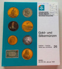 SBV Auktion 26 Gold- und Sibermunzen. Basel 22-23-24 Januar 1991. Cartonato ed. pp. 418, lotti 2564, tavv. 4 di ingrandimenti a colori. Ottimo stato