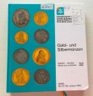 SBV Auktion 32 Gold- und Sibermunzen. Basel 26-27-28 Januar 1993. Cartonato ed. pp. 520,lotti 3155, ill. in b/n, tavv. Di ingrandimenti a colori. Otti...