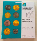 SBV Auktion 38 Gold- und Sibermunzen. Basel 12-13-14 September 1995. Cartonato ed. pp. 461, lotti 3150, ill. in b/n, tavv. 8 di ingrandimenti a colori...