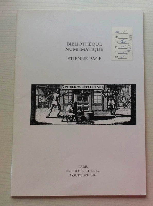 Vinchon F. B. Bibliotheque Numismatique Etienne Page. Paris 03 Octobre 1989. Bro...