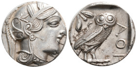 Greek
ATTICA, Athens (Circa 454-404 BC) AR Tetradrachm (24,2 mm, 17,2 g)
Obv: Head of Athena to right, wearing crested Attic helmet ornamented with ...