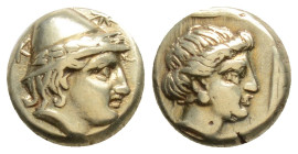 Greek, LESBOS, Mytilene (Circa 377-326 BC) EL Hekte (10,2 mm, 2.56g)
Obv: Head of Kabeiros right, wearing wreathed cap; two stars flanking.
Rev: Hea...