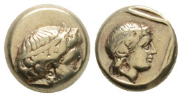 LESBOS. Mytilene. EL Hekte (Circa 377-326 BC).
Obv: Laureate head of Apollo right; to left, serpent coiled right.
Rev: Head of Artemis right, with h...