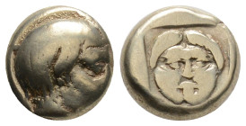 Greek Asia Minor & Syria LESBOS, Mytilene. 454-425 BC. Electrum Hekte ( 2.50 g. 10,2 mm.) Head of Aktaion with small horn / Facing head of Gorgoneion ...