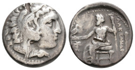 KINGS OF MACEDON. Alexander III 'the Great' (336-323 BC). Drachm. 4 g. 16,4 mm.
Obv: Head of Herakles right, wearing lion skin.
Rev: AΛEΞANΔPOY.
Ze...