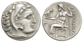 Greek
Kings of Macedon. colophon Alexander III \'the Great\' 336-323 BC.
Drachm AR, 18,4 mm., 4.4 g.
Head of Heracles right, wearing lion skin / Ze...