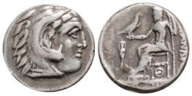 KINGS OF MACEDON. Alexander III 'the Great' (336-323 BC). Drachm. Lampsakos.
Obv: Head of Herakles right, wearing lion skin.
Rev: AΛEΞANΔPOY. Zeus s...
