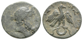 SELEUKID KINGS OF SYRIA. Achaios, usurper, 220-214 BC. AE (Bronze, 16,4 mm, 3,6 g, ) Sardes. Laureate head of Zeus to right. Rev. BAΣΙΛΕΩΣ ΑXAIOY Eagl...